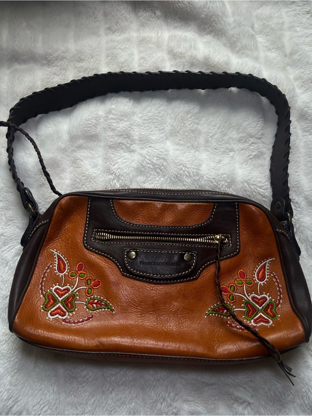 Francesco Biasia Brown & Tan Leather Shoulder Bag with Embroidered Accents